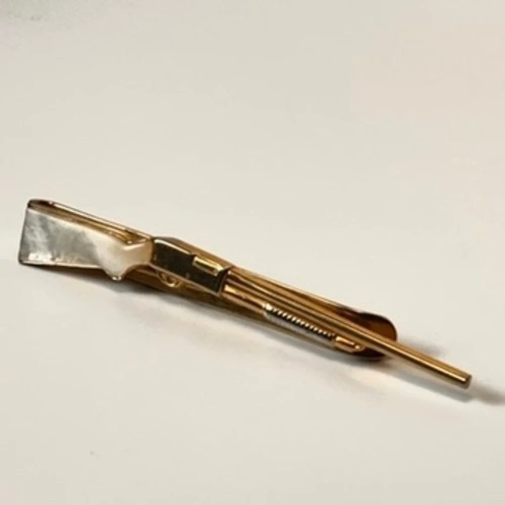 Vintage Rifle Tie Clip Gold Tone Mother of Pearl Inlay Western Goth Boho Chic